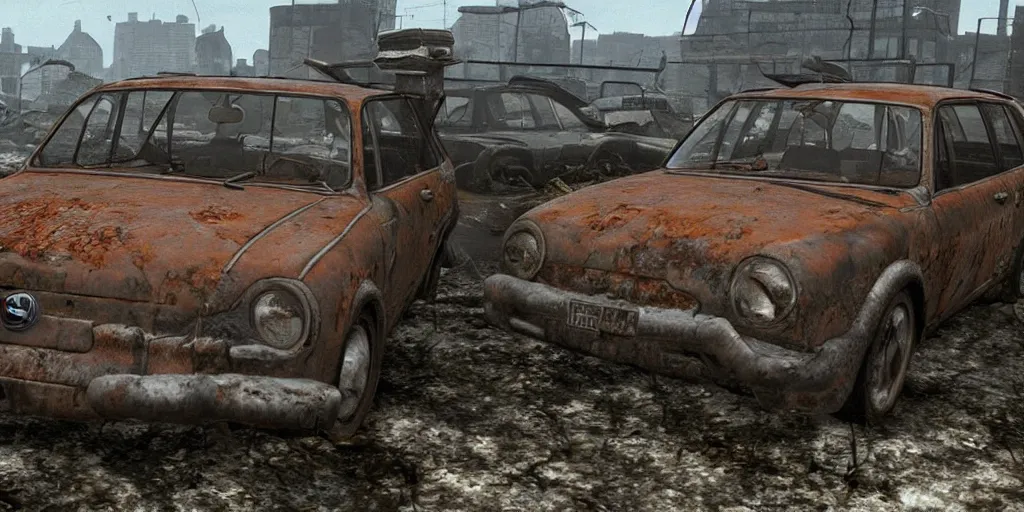 Image similar to Rusty Volkswagen Golf, screenshot from game Fallout 2 (1998), postapocalyptic