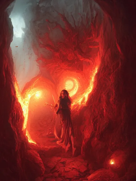 Prompt: Jennifer Connelly opening the door to hell, red lighting, time warping, D&D, fantasy, highly detailed, digital painting, trending on artstation, concept art, sharp focus, illustration, art by artgerm and greg rutkowski and magali villeneuve