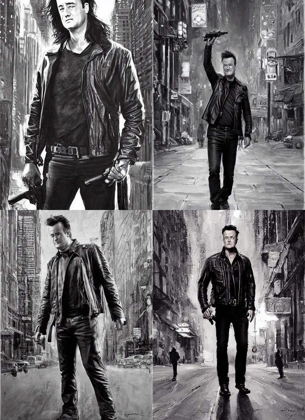 Prompt: chandler bing wearing a long leather jacket holding a pistol, Manhattan street, nighttime, black and white, epic painting by James gurney