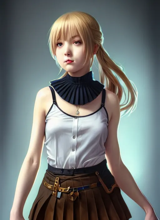 Image similar to portrait of a full body of beautiful young female detective, d & d, sleeveless turtleneck, pleated skirt, fantasy, flat lighting, intricate, highly detailed, digital painting, artstation, concept art, smooth, sharp focus, illustration, misa amane, art by simon bisley and greg rutkowski and alphonse mucha, natural tpose