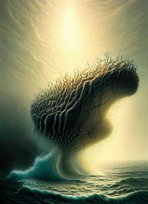 Prompt: a hyper - detailed 3 d render like a oil painting of aquatic animals cresting and crashing tidal waves, surrealism!!!!! surreal concept art, lifelike, photorealistic, digital painting, aesthetic, smooth, sharp focus, artstation hd, by greg rutkowski, bruce pennington, valentina remenar and asher duran,