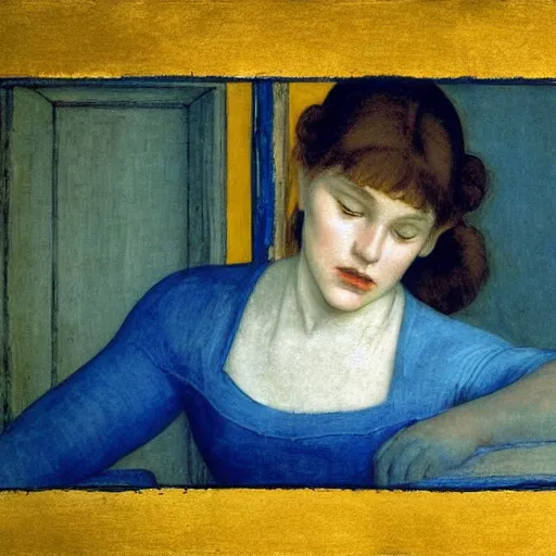 Image similar to close up of a girl in a blue and gold haunted liminal abandoned room, film still by edward hopper, by Pontormo, by klimt, by dante gabriel rossetti, pre-raphaelite. art noveau, art noveau, highly detailed, strong lights, liminal, eerie, Bright pastel colors