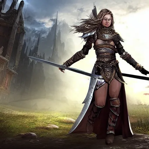 Image similar to beautiful female warrior with longsword in epic fantasy battle