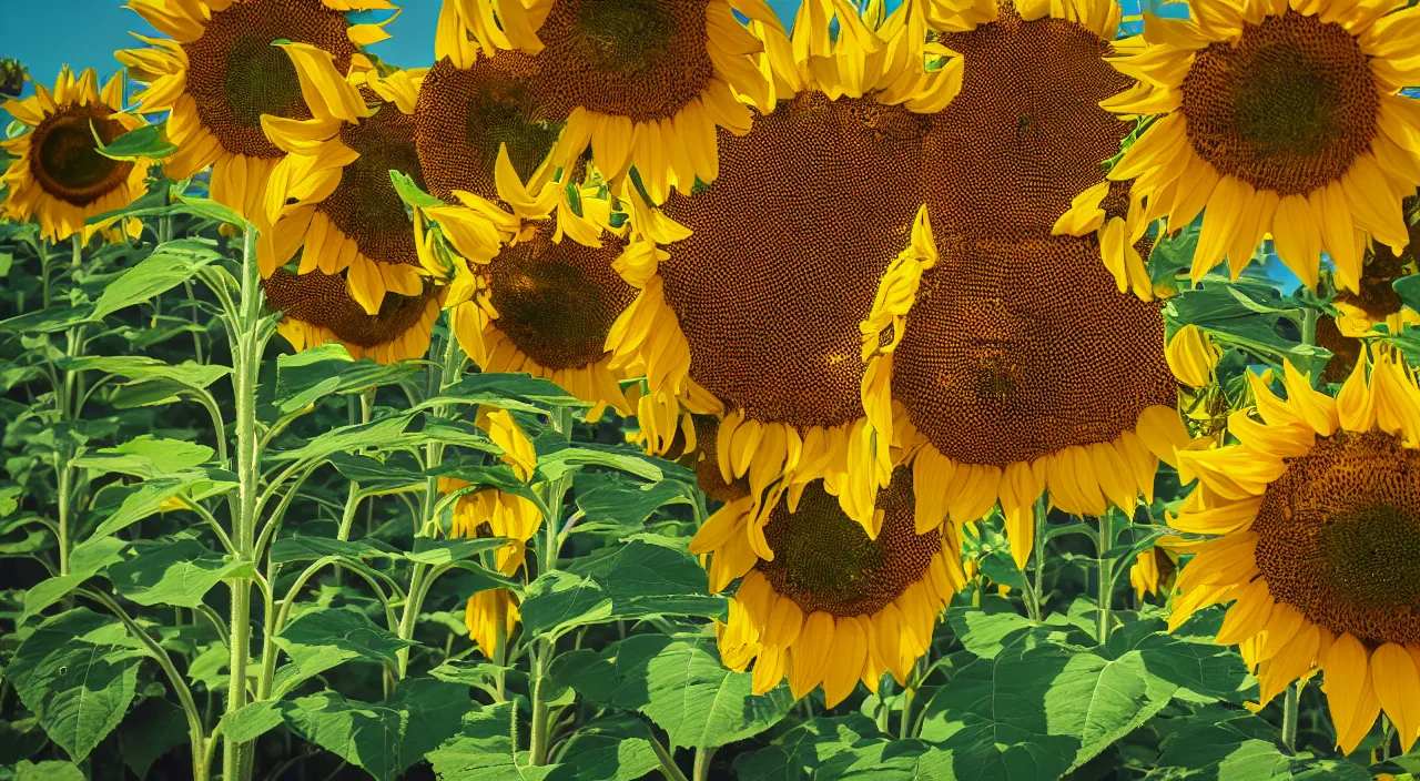 Image similar to macro shot of sunflowers on a hot summer day being pollinated by psychadelic bees, canon 1 0 0 mm, wes anderson film, kodachrome