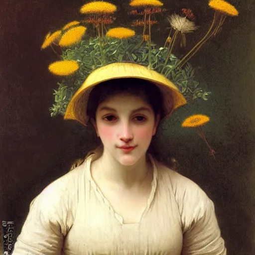 Image similar to A portrait of a fox wearing a hat full of dandelions, by Robert Cleminson and William-Adolphe Bouguereau