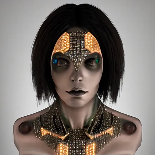 Prompt: female with visible gems inlaid her skin, cyberpunk style, gems, cameo, marble, gold, bones, 8k, details, studio lighting, realism