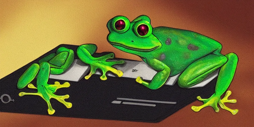 Image similar to peepo the frog lying on his bed with a laptop, crying as his heart breaks after reading an announcement on discord, sad lo-fi vibes, dramatic