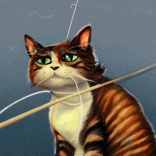 Prompt: concept art of a cat holding a fishing pole while fishing in a boat; vivid; artstation; award winning