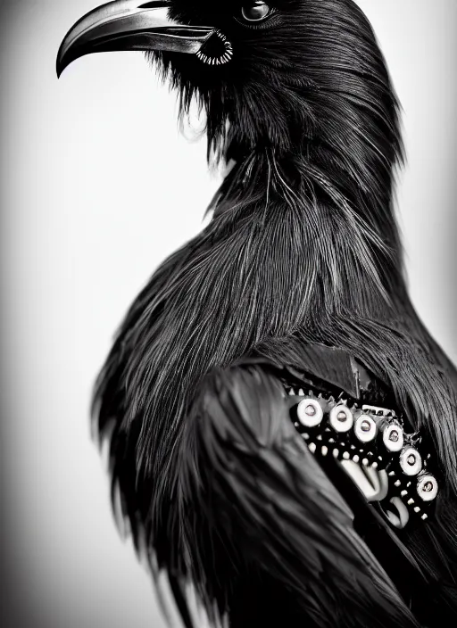 Image similar to a stunning young female crow mixed cyborg profile face, face is made intricate tribal bio - mechanical, editorial photography, bw, shot on 7 0 mm, depth of field, f / 2. 8, high contrast, 1 6 k, volumetric lighting, shiny, insanely detailed and intricate, hypermaximalist, elegant, ornate, hyper realistic, super detailed