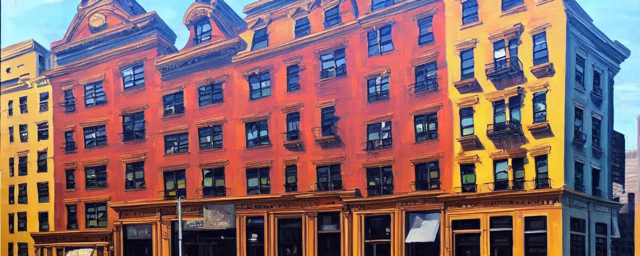 Image similar to stunning painting of a building facade. storefronts. city block. new york. masterpiece.