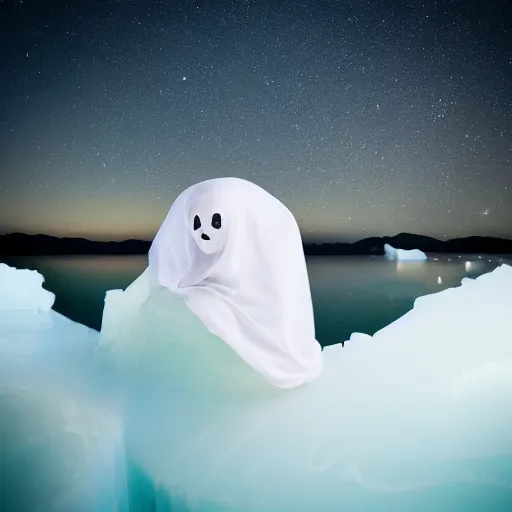 Image similar to A white female ghost sitting on a small iceberg, magically horrifying night sky, high quality photograph