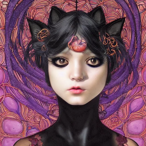 Image similar to black cat girl, botanical, portrait face, colorful, kupka, intricate, miles johnston, kuroda seiki, cynical realism, ozabu, john william godward, painterly, yoshitaka amano, moebius, miles johnston, louise zhang, james jean, mark ryden lowbrow pop surrealism art style