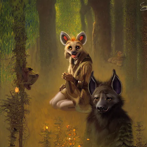 Image similar to a dark forest with a female hyena hyenawoman canine in robes. night zootopia fursona furaffinity furry art detailed face painting by gaston bussiere craig mullins jc leyendecker gustav klimt artgerm greg rutkowski furry