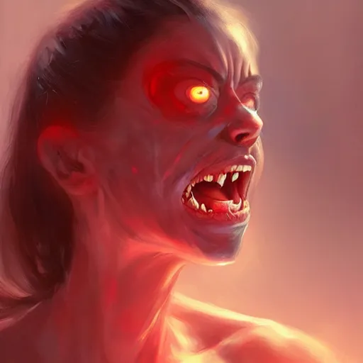 Prompt: women with red glowing eyes screaming in pain , digital art by Mandy Jurgens and Irina French and Heraldo Ortega , hyperdetailed, artstation, cgsociety