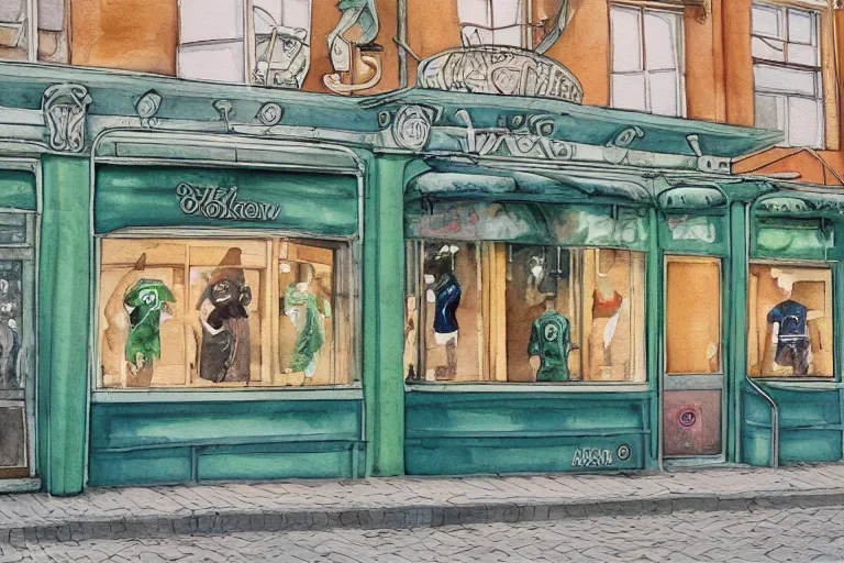 Image similar to watercolor artwork of sneaker store in russia : : green, art nouveau, trending on artstation