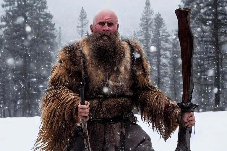 Image similar to vfx movie tough bald man in furs, natural grizzled skin, streaks of red face paint grey beard, dual wielding detailed viking war axes, in snowy tahoe by emmanuel lubezki