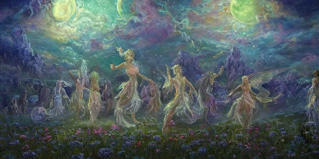 Image similar to concept art of translucent glowing fairies dancing, lovecraftian, renaissance, melting, round moon, rich clouds, moon rocks, large alien flowers, very detailed, volumetric light, mist, fine art, textured oil over canvas, epic fantasy art, very colorful, ornate intricate shiny scales, fractal gems