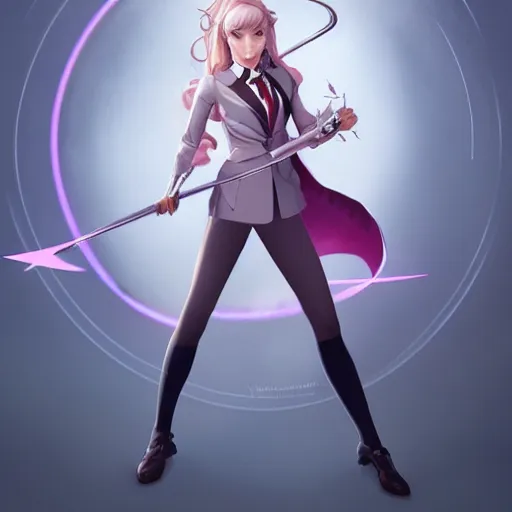 Prompt: A portrait of a female magical girl wearing a business suit and holding a wand, full round face, light makeup, pale skin, medium shot, mid-shot, hyperdetailed, 8k, trending on artstation, artgerm and greg rutkowski