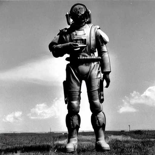 Prompt: war photography usa nuclear fission powered t - 5 1 b power armor 1 9 5 0 s