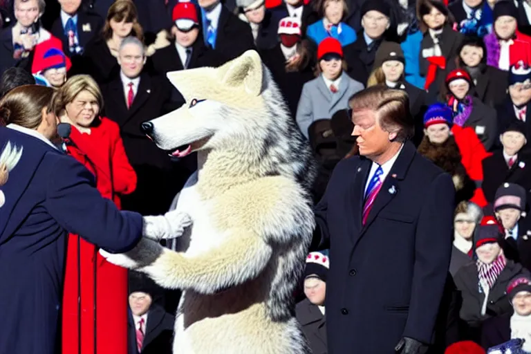 Image similar to photo of the usa presidential inauguration, a wolf fursuiter being inaugurated as president