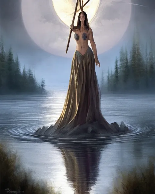 Image similar to 'lady of the lake' raising excalibur in the middle of a lake under a giant full moon, rippling reflections, trees and falling leaves, art by Raymond Swaziland and Greg Rutkowski, D&D, high fantasy, romantic, highly detailed, digital painting, trending on artstation, concept art, golden ratio, sharp focus, masterpiece