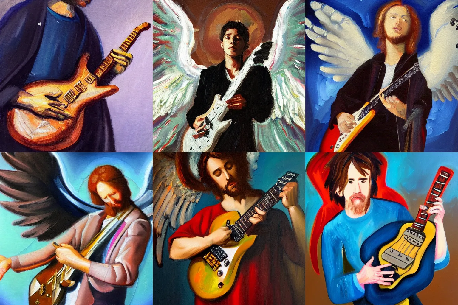 Prompt: an angel holding an electric guitar in his hands with god seating behind him, oil painting on canvas, concept art, sharp focus