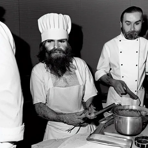 Image similar to charles manson baking a loaf of bread wearing a chef hat