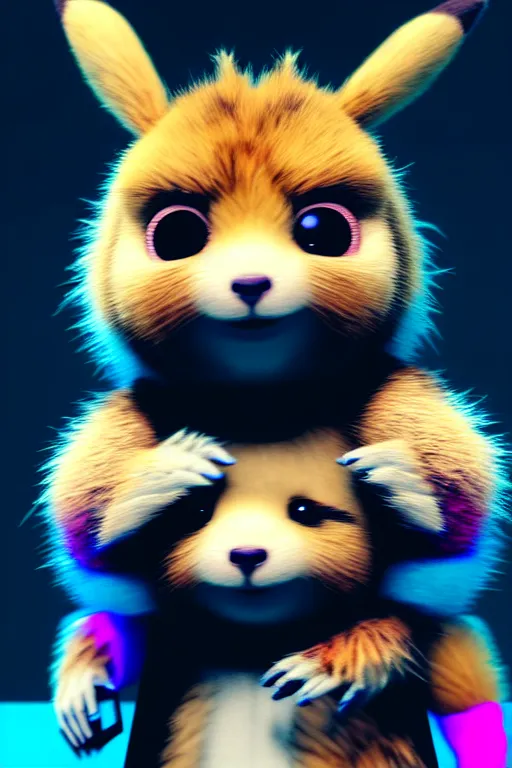 Prompt: high quality 3 d render cyberpunk very cute multicolor fluffy! quokka hybrid, highly detailed, vray smooth, in the style of detective pikachu, hannah yata charlie immer, dramatic blue light, low angle, uhd 8 k, sharp focus