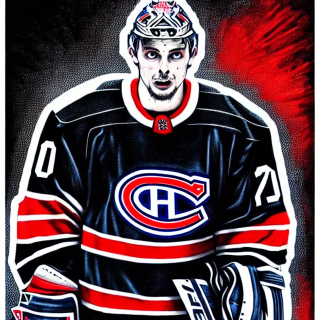 Prompt: symmetrical complex fine detail, black ink & copic markers, vibrant muted colors, disturbing grunge still of habs carey price at the nhl awards 2 0 1 5, by arthur adams, by tom bagshaw, by henry asencio, by kikuchi hideyuki