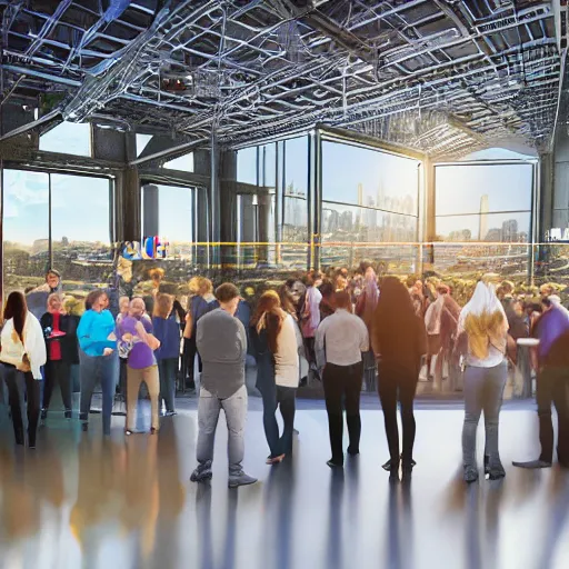 Prompt: large group people in open warehouse, looking at hologram of futuristic city on a table, cinematic concept art, godrays, golden hour, natural sunlight, 4 k, clear details, tabletop model buildings, tabletop model, hologram center table, crane shot, crane shot, crane shot, vr users foreground