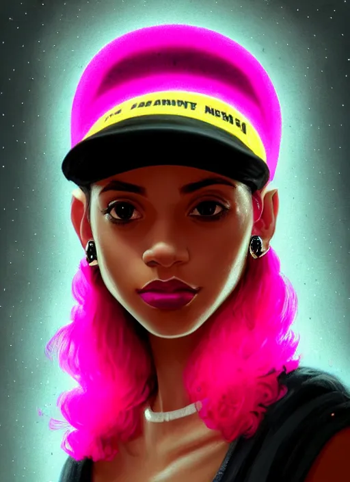 Image similar to portrait of teenage vanessa morgan with bright pink hair, black girl, vanessa morgan, curly pixie cut hair, wearing newsboy cap, newsboy cap, hoop earrings, intricate, elegant, glowing lights, highly detailed, digital painting, artstation, concept art, smooth, sharp focus, illustration, art by wlop, mars ravelo and greg rutkowski