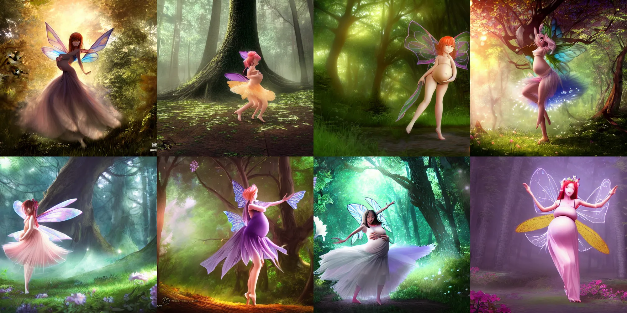 Prompt: macromastasia beautiful pregnant fairy dancing in a forest, cryengine, pixiv