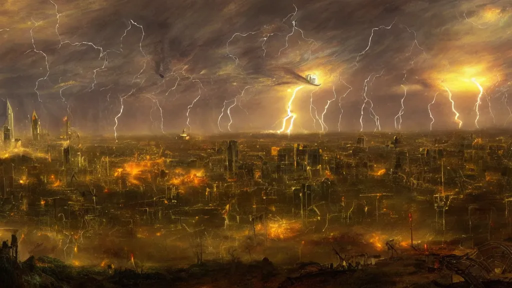 Prompt: Charlotte North Carolina city attacked by War of The Worlds Tripod robots painted by Thomas Cole with dramatic lightning, concept art, matte painting, 8k, highly detailed, artstation