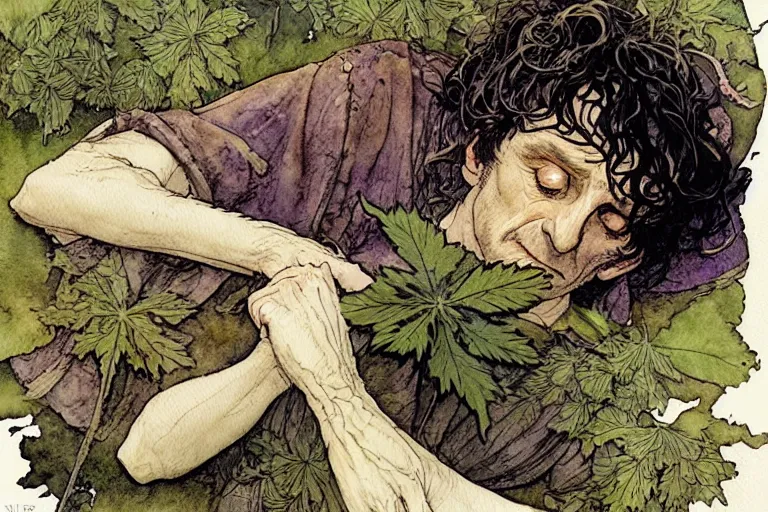 Image similar to a realistic and atmospheric watercolour fantasy character concept art portrait of bilbo baggins lying on his back freaking out with a pot leaf nearby, by rebecca guay, michael kaluta, charles vess and jean moebius giraud