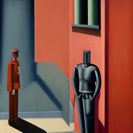 Image similar to robot judge, guards, chambers, brutalist, dystopian, pj crook, edward hopper, oil on canvas