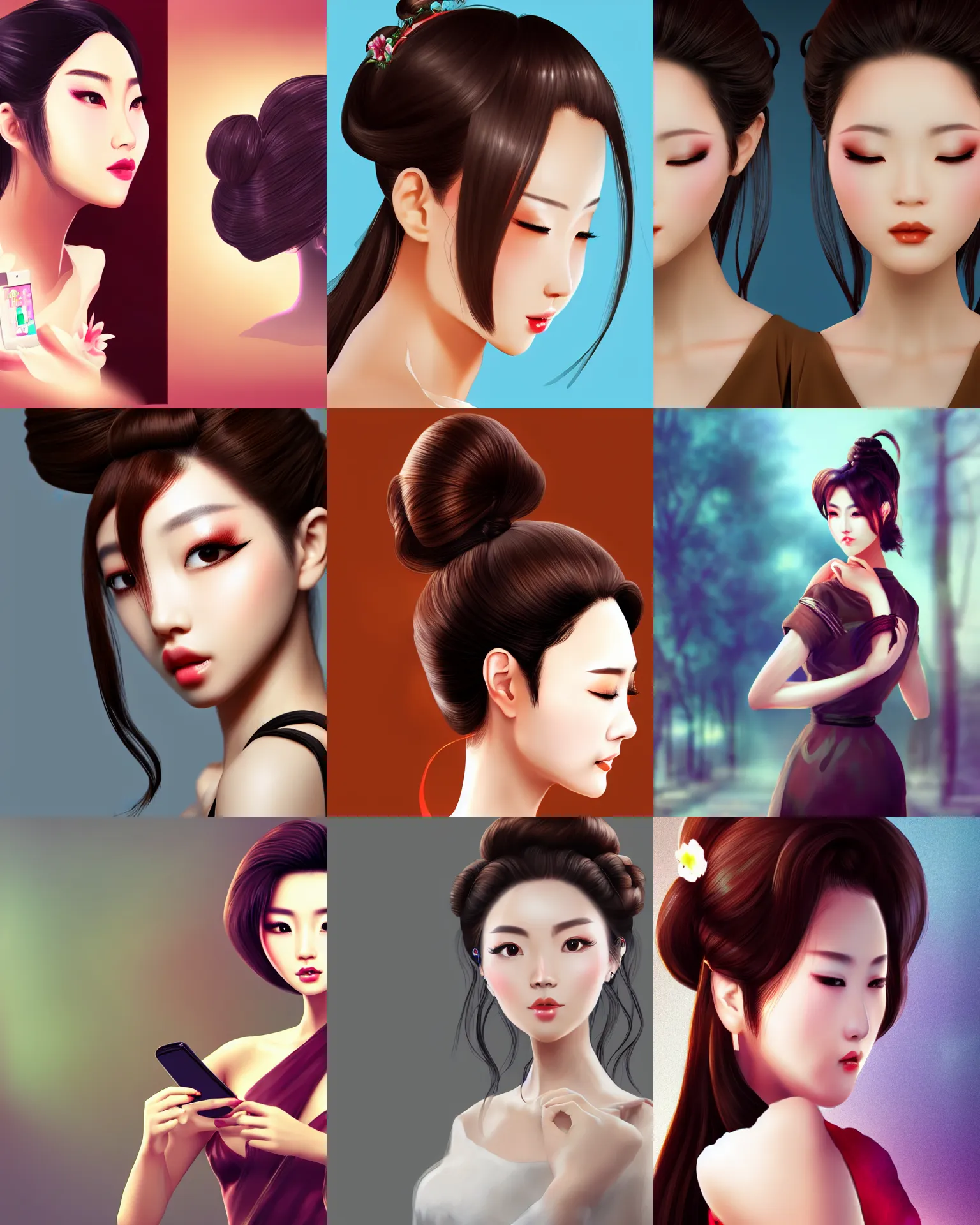 Prompt: chinese beauty with brown updo using mobile phone facing the computer display, full body, wide angle lens, bokeh, artstation