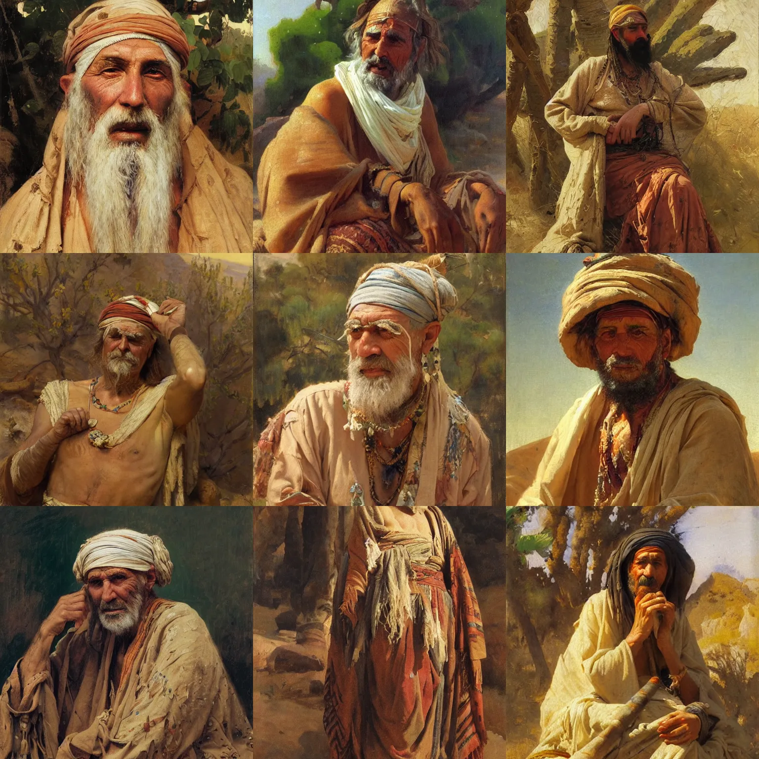 Prompt: orientalism painting of an aged desert druid wearing only bandages all over by theodore ralli and nasreddine dinet and anders zorn and nikolay makovsky and edwin longsden long, oil on canvas, masterful intricate artwork, excellent lighting, high detail 8 k