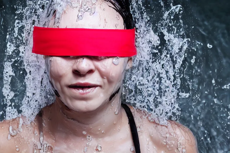 Image similar to woman with blindfold and wet face and hair