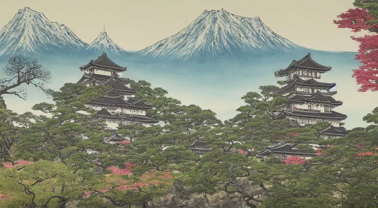 Prompt: a painting of a Japanese castle, with a garden as foreground, with mountains as background, trending on artstation