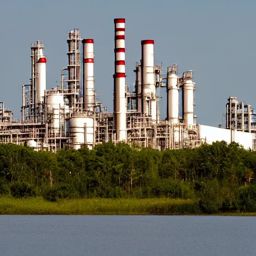 Image similar to frank lloyd wright designed oil refinery in baton rouge louisiana, telephoto, high resolution, highly detailed, intricate, beautiful, picturesque