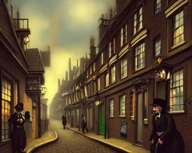 Image similar to closeup profile portrait of victorian london streets, mark ryden, lostfish, max fleischer, hyper realistic, artstation, illustration, digital paint, matte paint, vivid colors, bright, cheerful, detailed and intricate environment