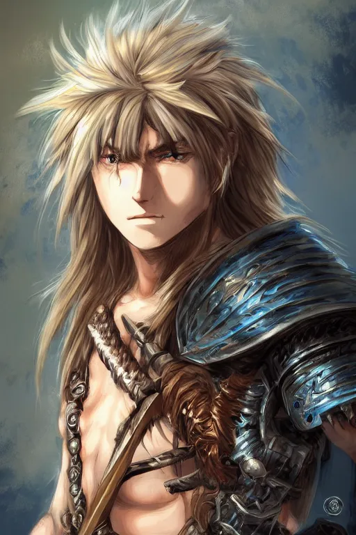 Image similar to A realistic anime portrait of a young handsome male barbarian with long wild hair, intricate fantasy spear, plated armor, D&D, dungeons and dragons, tabletop role playing game, rpg, jrpg, digital painting, by Ayami Kojima, digtial painting, trending on ArtStation, SFW version