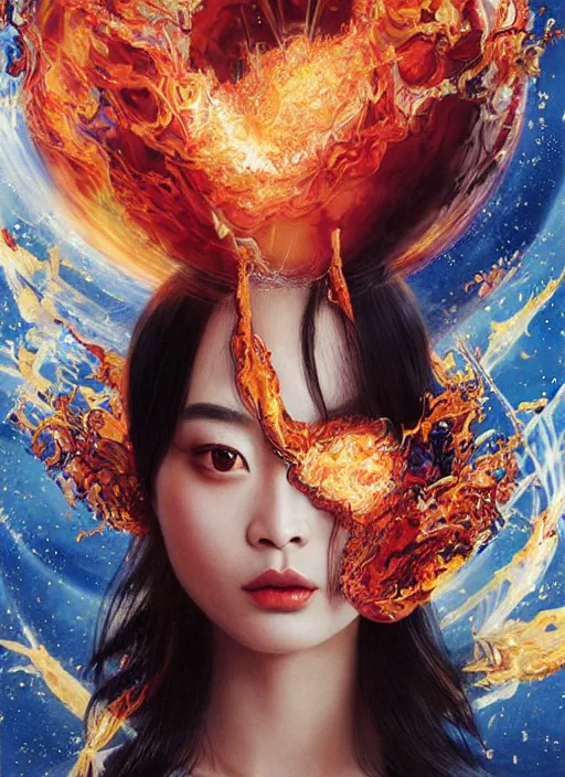 Image similar to portrait of ravishing Japanese Princess Suzu Hirose unleashing a devastating multiversal blazing fireball, wearing futuristic luxurious white and little royal blue details suit, captivating, beautiful look, face anatomy, surreal and allegorical, octane render, art by Karol Bak, Karol bak pastiche