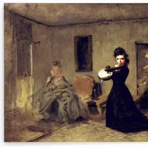 Image similar to actress rehearsing an action scene with revolver by alfred stevens
