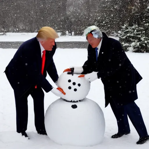 Image similar to donald trump and joe biden making snowman together