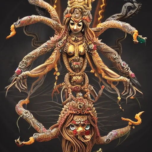 Prompt: dark Hindu deity, with 8 arms, ultra realistic, fantasy, very intricate, organic, ghibli style, trending on artstation