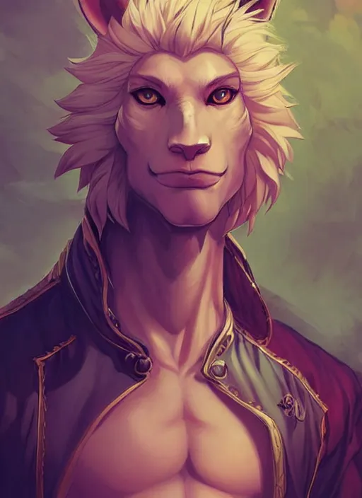 Prompt: aesthetic portrait commission of a of a male fully furry muscular anthro albino lion on a pirates ship wearing an attractive pirates suit with a tail and a beautiful attractive hyperdetailed face at golden hour. Character design by charlie bowater, ross tran, artgerm, and makoto shinkai, detailed, inked, western comic book art, 2021 award winning film poster painting