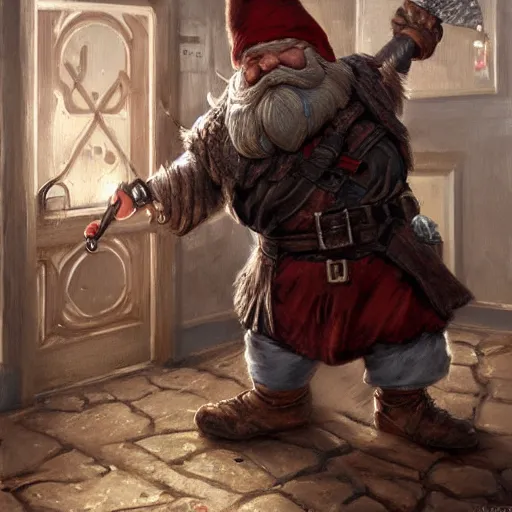 Prompt: a gnome with a brown beard smashing through a door with a battle axe, realistic, detailed, trending on ArtStation, by Gerald Brom