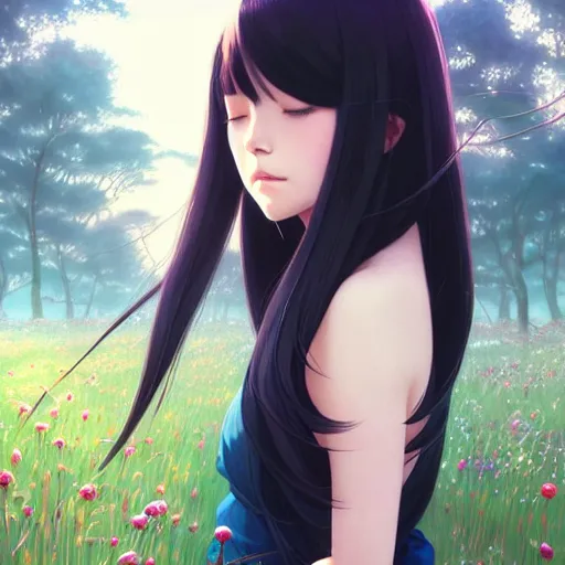 Image similar to a beautiful girl with long black hair, royal garden background, sharp focus, intricate, digital painting, artstation, highly detailed, ambient lighting, portrait by Studio Ghibli, Makoto Shinkai, Rossdraws, artgerm, Ilya Kuvshinov, and Greg Rutkowski