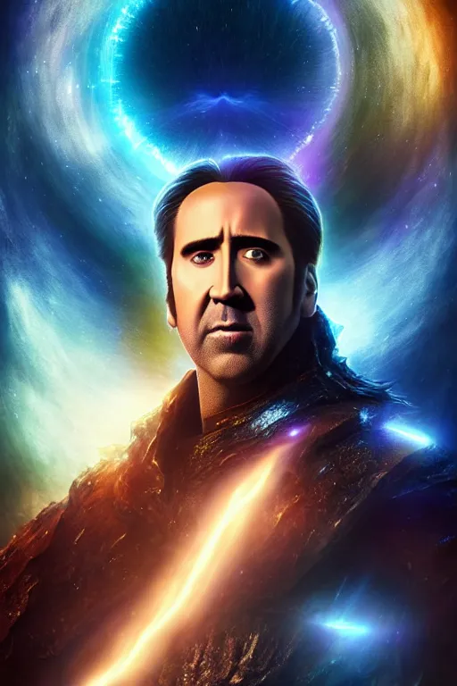 Image similar to beautiful cinematic fantasy poster, Nicolas Cage as a god of light and love, beautiful glowing galaxy eyes, hybrid from The Elden Ring and art direction by Darius Zawadzki ;by artgerm; wayne reynolds art station; cinematic quality character render; low angle; ultra high quality model; production quality cinema model;